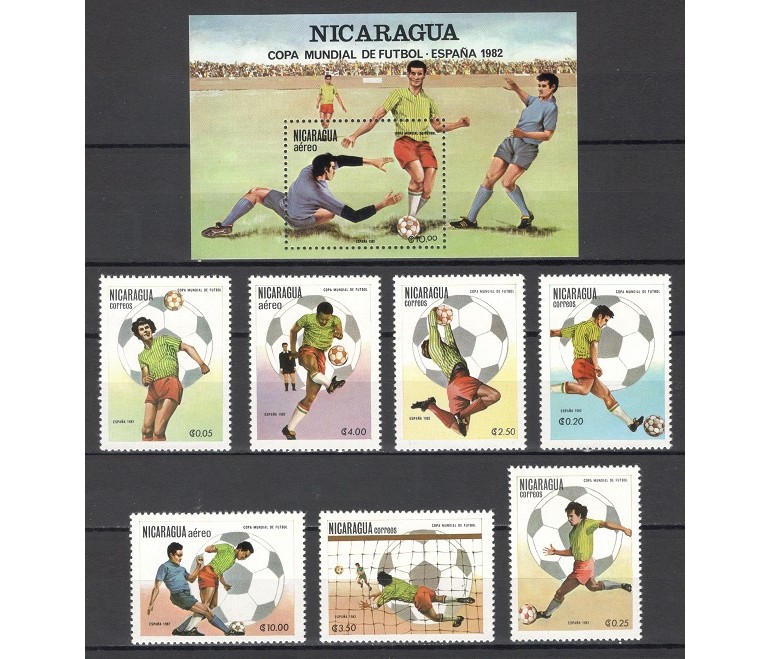 NICARAGUA1982 - CAMPIONATUL MONDIAL DE FOTBAL, SPANIA 82 - SERIE DE 7 TIMBRE+BLOC NESTAMPILAT - MNH / sport288